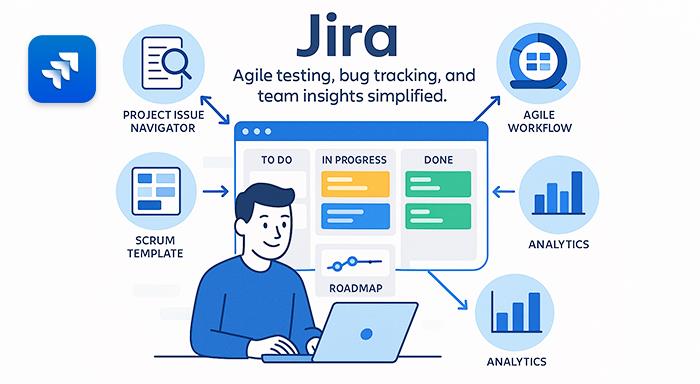 Illustration of Jira showcasing features like project issue navigator, Scrum template, agile workflow, analytics, and roadmap for bug tracking and team insights.