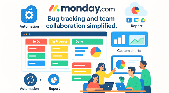 Illustration of Monday.com bug tracking platform with Kanban boards, automation, reports, and custom charts for simplified team collaboration.