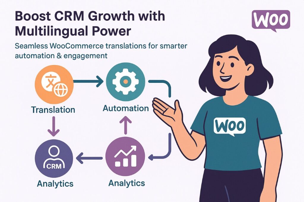 Infographic showing CRM segmentation improvement with multilingual WooCommerce stores, featuring user browsing translated product page and workflow icons.