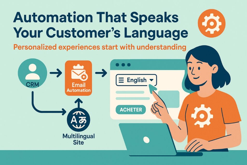 Infographic showing multilingual WooCommerce automation with CRM integration and personalized customer experiences.