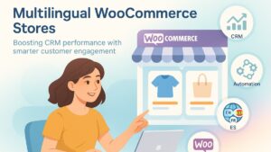 Active woman engaging with multilingual WooCommerce stores and CRM dashboards