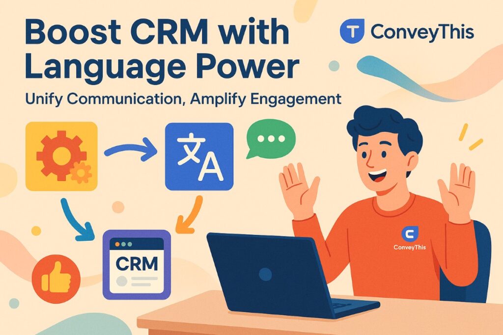 Infographic showing workflow and CRM enhancement for multilingual WooCommerce stores with active user interaction and ConveyThis integration
