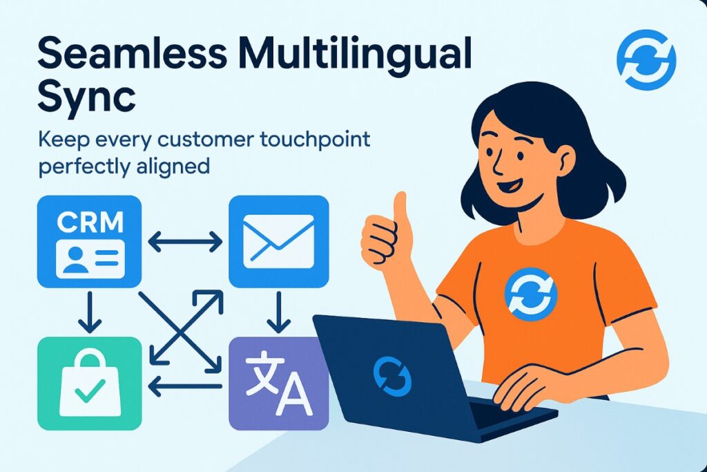 Infographic showing seamless multilingual WooCommerce store workflow integrated with CRM, email, and inventory tools