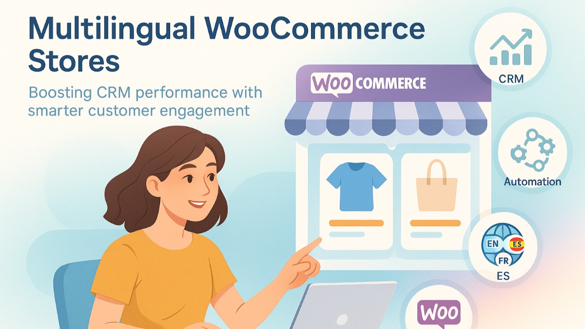 Active woman engaging with multilingual WooCommerce stores and CRM dashboards