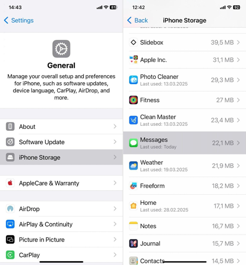 Checking iPhone storage usage in Settings to find apps taking up space