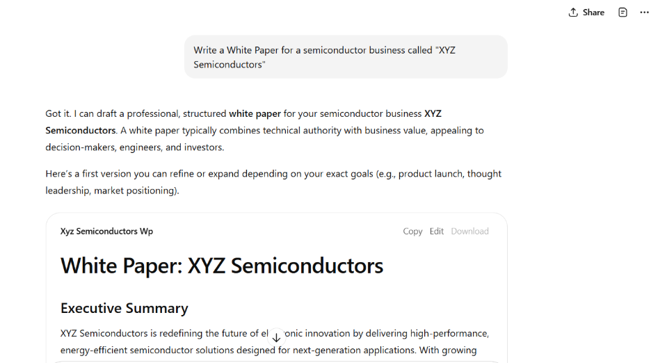 ChatGPT creating a White Paper for a Semiconductor Business