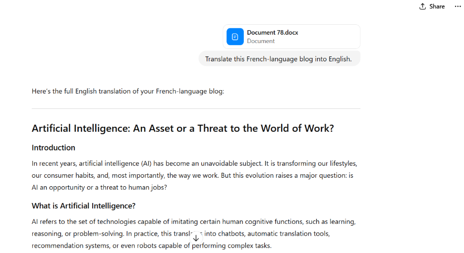 ChatGPT translating French language blogs into English language
