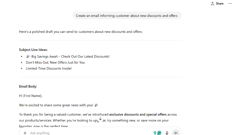 ChatGPT creating an email template 