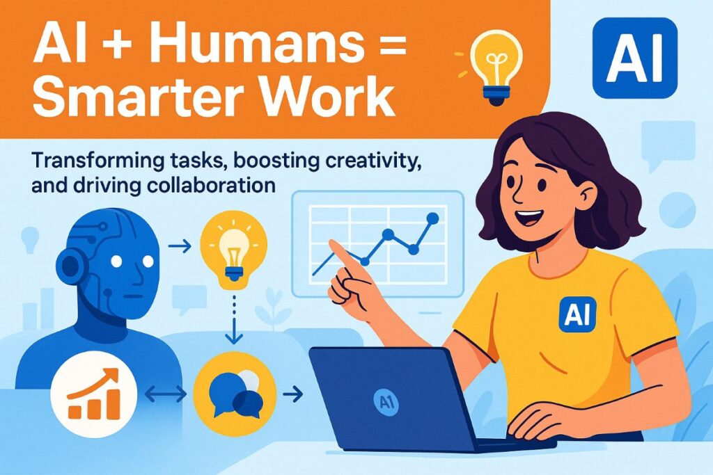 Infographic showing workforce transformation with AI development, highlighting human-AI collaboration, creativity, and lifelong learning