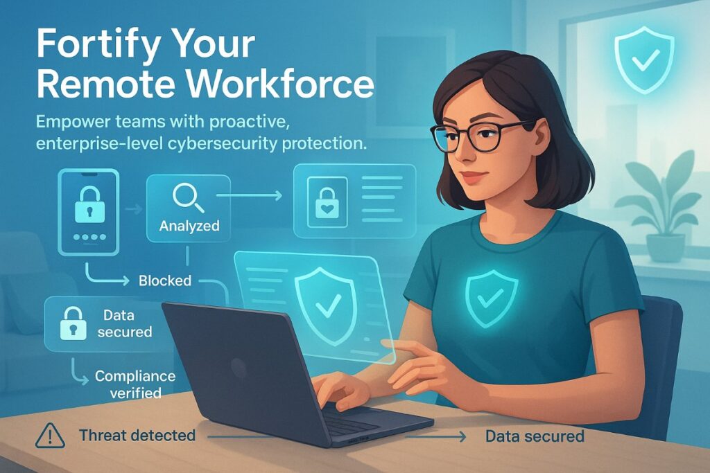 Infographic showing managed IT services enhancing cybersecurity for remote and hybrid teams with endpoint protection, real-time monitoring, and data compliance.