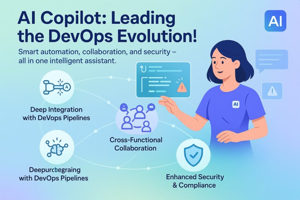 Infographic showing AI Copilot enhancing DevOps pipelines, enabling cross-functional collaboration, adaptive learning, and ensuring security and compliance for development teams.