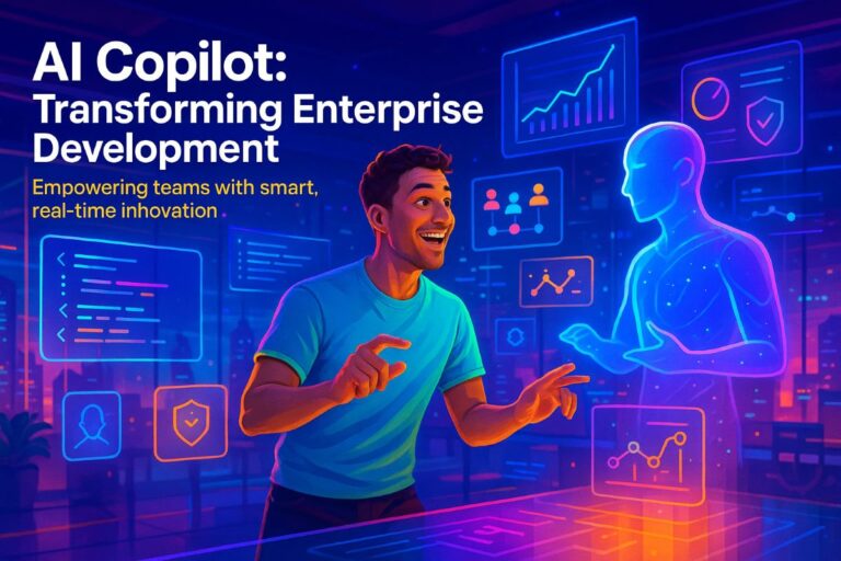 Dynamic developer interacting with a vibrant AI Copilot hologram in a futuristic enterprise workspace