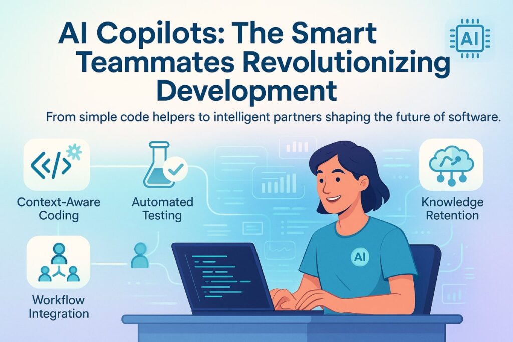 Infographic showing AI Copilot as a smart teammate assisting a developer with coding, automated testing, workflow integration, and knowledge retention.