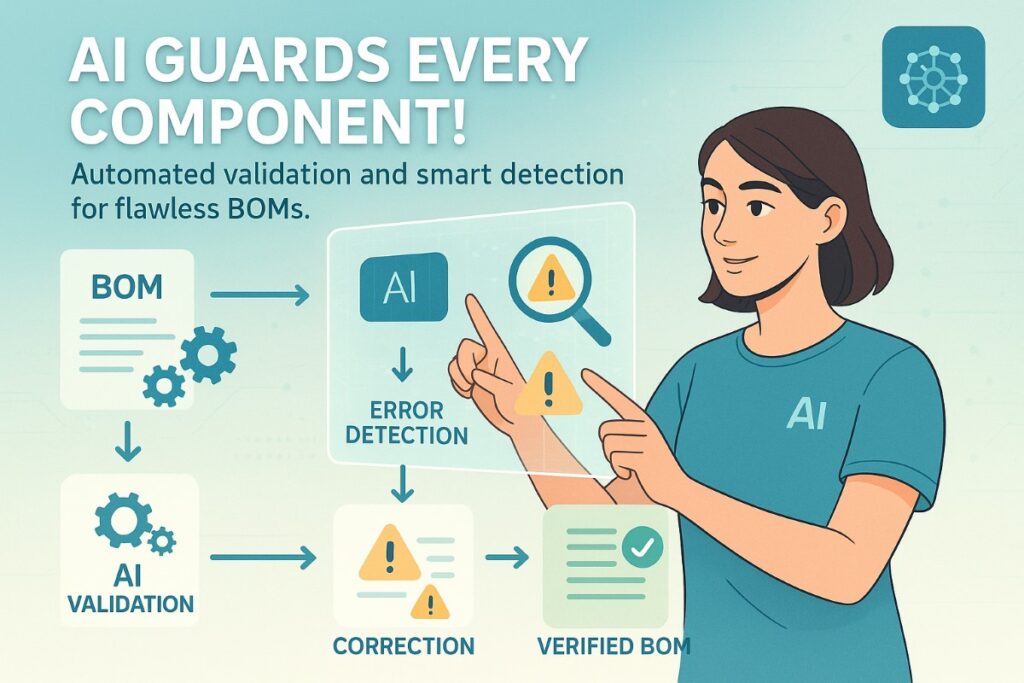 Infographic showing AI-driven error detection and correction in Bill of Materials with engineers validating parts and automated workflow
