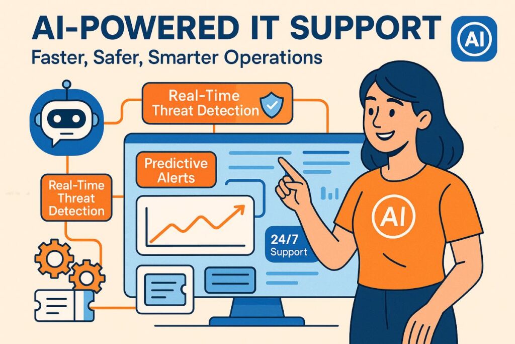 Infographic showing benefits of AI in IT Support including faster response, enhanced cybersecurity, and improved system reliability