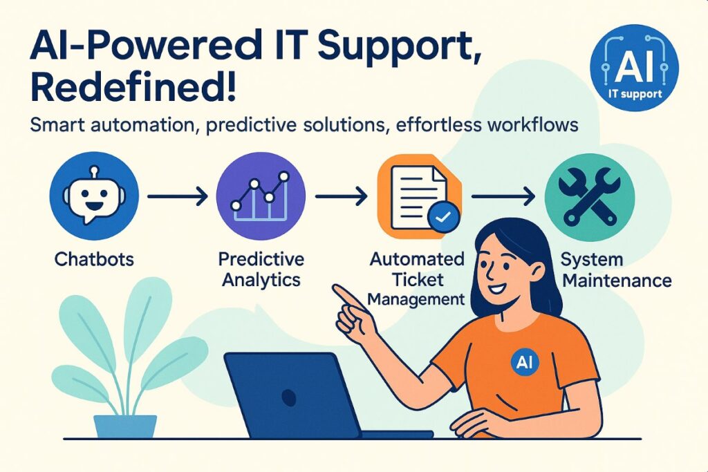 Infographic showing AI in IT Support workflow with chatbots, predictive analytics, and automation improving IT service efficiency