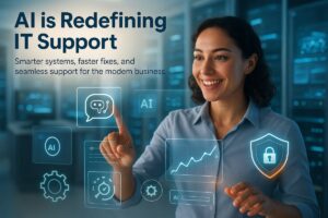 IT Support enhanced by AI with chatbots, predictive analytics, and automation in modern office environment