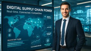 Realistic image of a professional managing a digital supply chain with live data dashboards, IoT, AI, and blockchain analytics on screen.