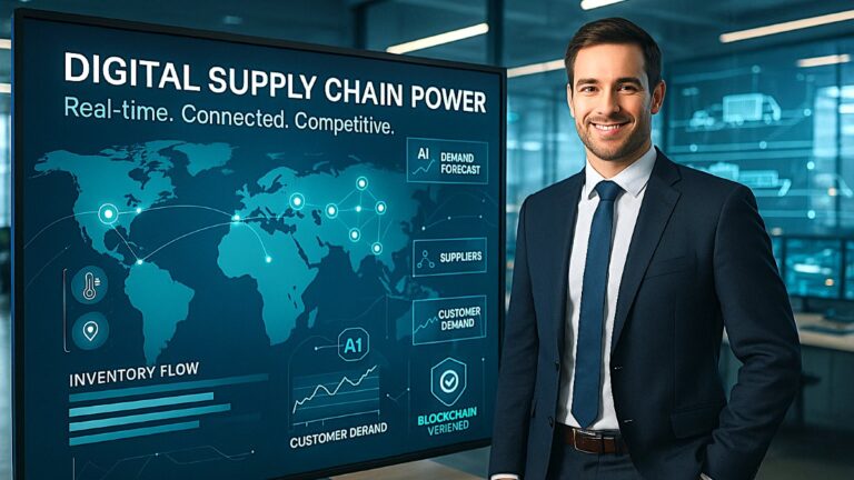 Realistic image of a professional managing a digital supply chain with live data dashboards, IoT, AI, and blockchain analytics on screen.