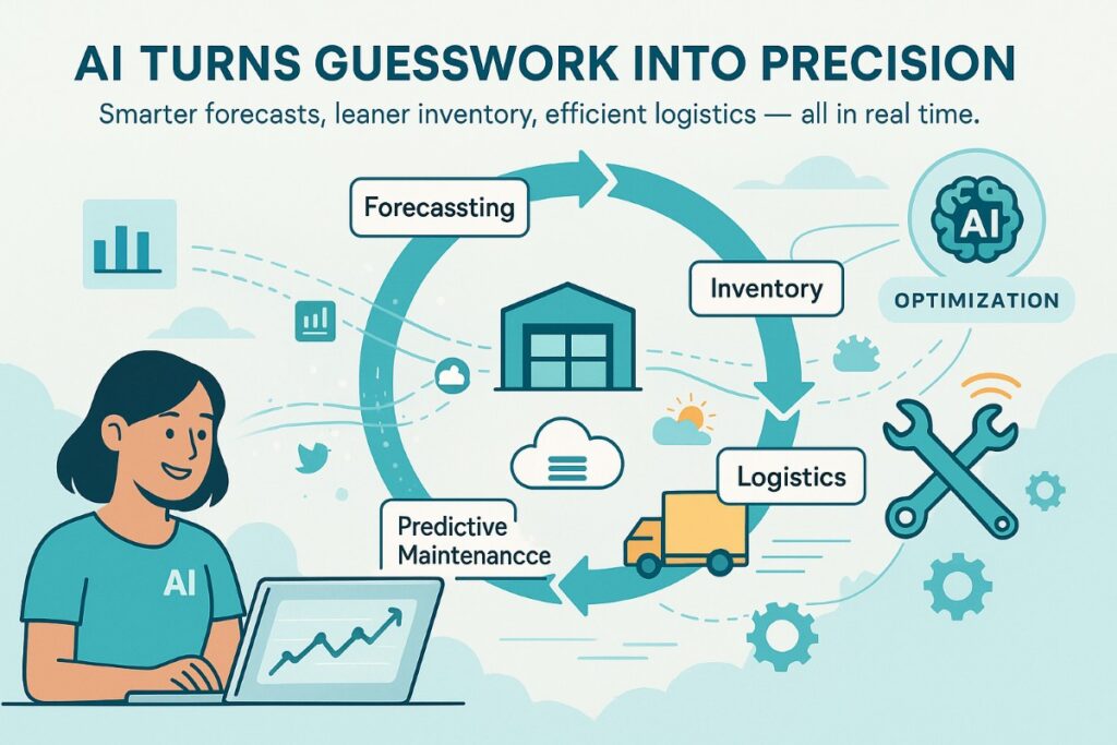 Infographic showing how AI transforms digital supply chain forecasting, inventory, logistics, and maintenance into optimized real-time operations.