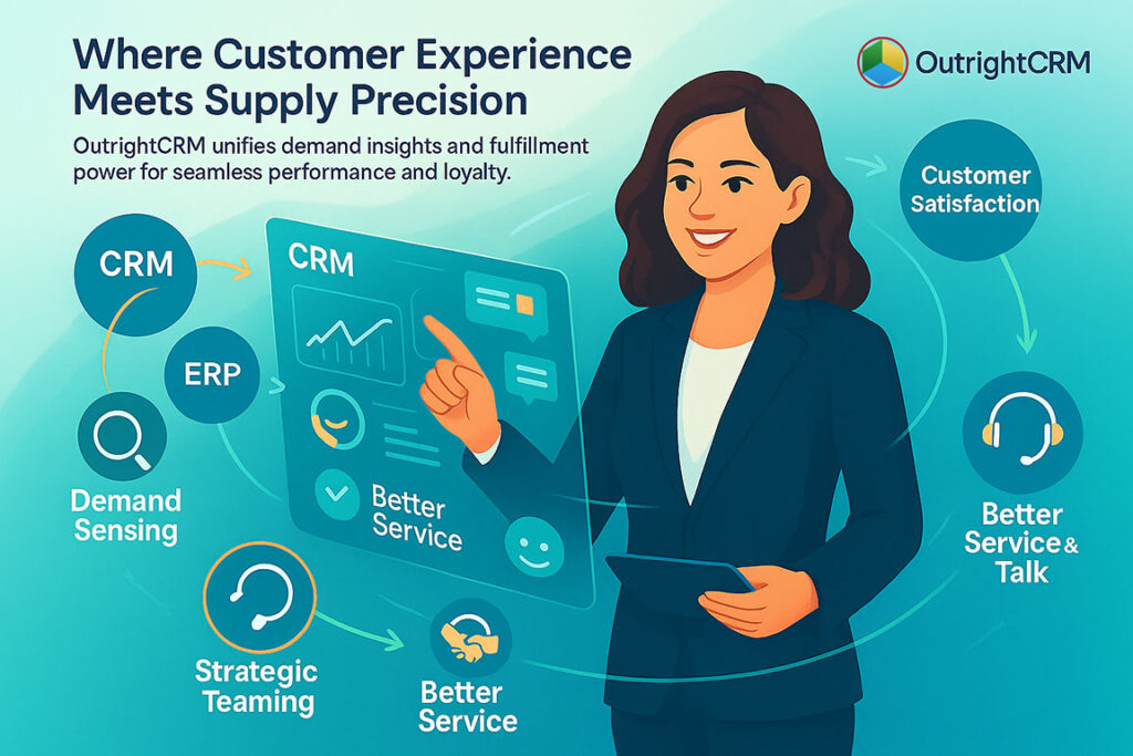 Infographic showing Digital Supply Chain integration with OutrightCRM linking customer insights to supply precision for better forecasting and service.