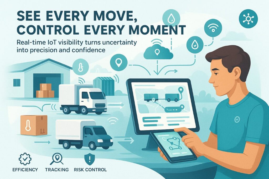 Infographic showing real-time visibility in the digital supply chain using IoT sensors for tracking, monitoring, and control.