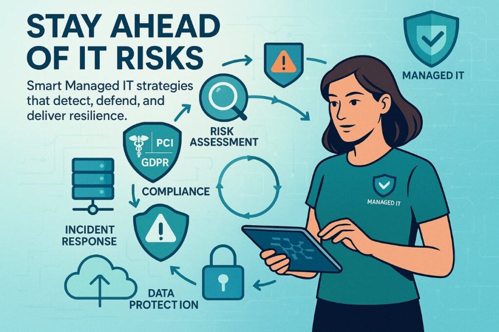 Infographic showing managed IT and risk management workflow with a professional woman analyzing cybersecurity data, icons for compliance, data protection, and incident response.