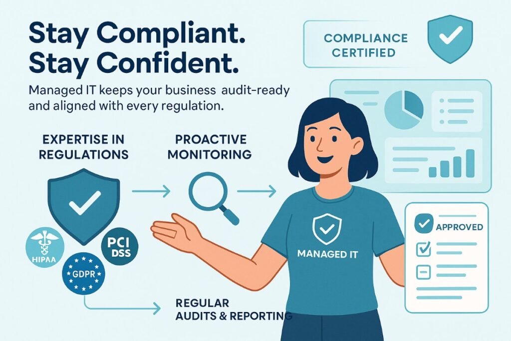 Infographic showing managed IT and risk management process with expert monitoring, compliance audits, and data protection visuals.