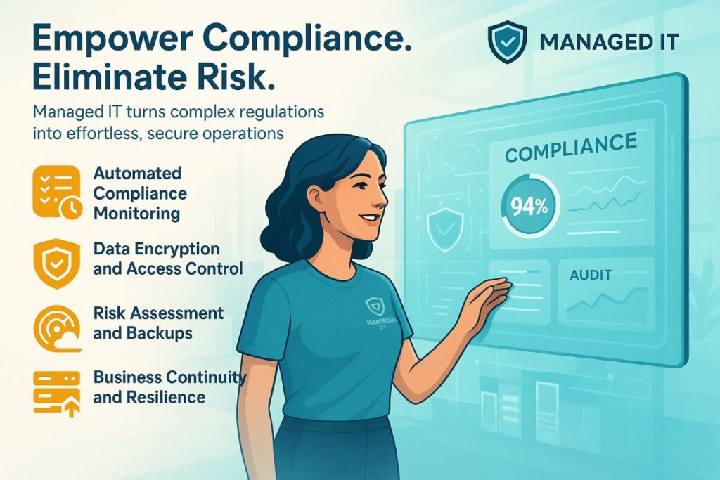 Infographic showing the benefits of managed IT and risk management with a professional woman reviewing compliance dashboards, workflow icons, and data security visuals.