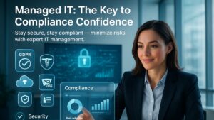 Businesswoman analyzing managed IT and risk management dashboard with data protection and compliance icons like GDPR, HIPAA, and PCI DSS.