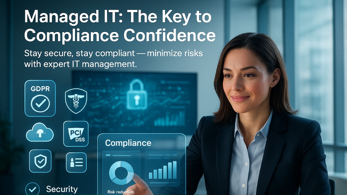 Businesswoman analyzing managed IT and risk management dashboard with data protection and compliance icons like GDPR, HIPAA, and PCI DSS.