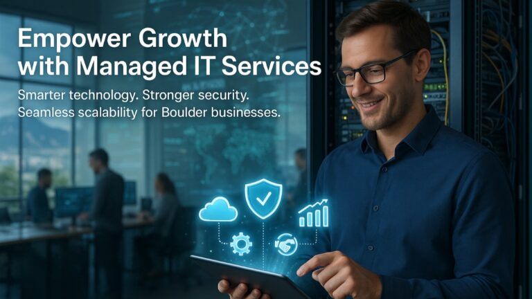 IT professional managing cloud systems and cybersecurity in a modern tech office representing managed IT services for Boulder businesses