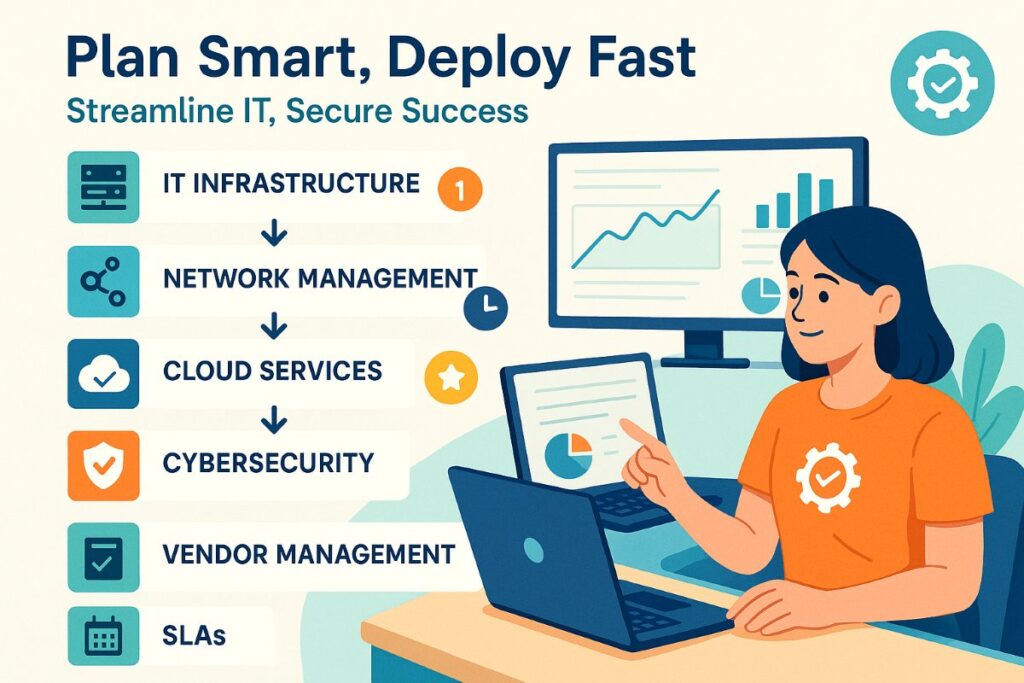Infographic showing a step-by-step managed IT services implementation plan with IT infrastructure, network, cloud, cybersecurity, vendor management, and SLAs, featuring an active professional.