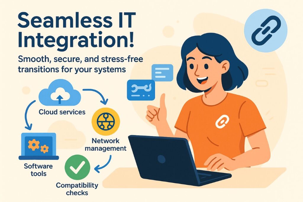 Infographic showing seamless integration of managed IT services with existing systems, including workflow, icons, and active user.