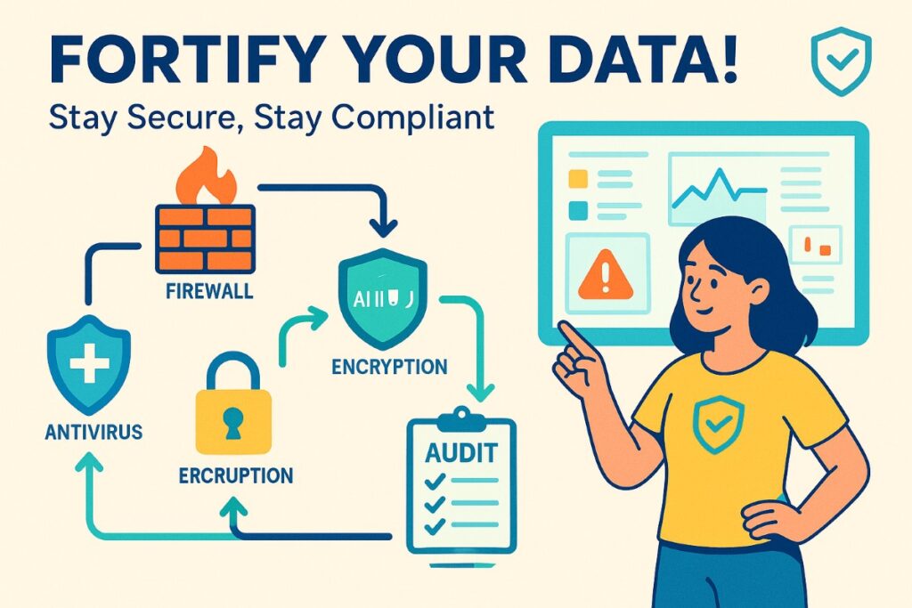 Infographic showing multi-layered security and compliance workflow for Managed IT Services with active user and icons.