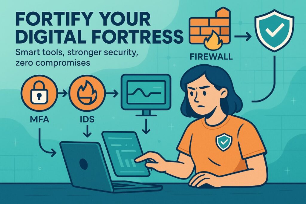 Infographic showing Multi-Factor Authentication, Firewalls, and Intrusion Detection Systems protecting business networks with Managed IT Services