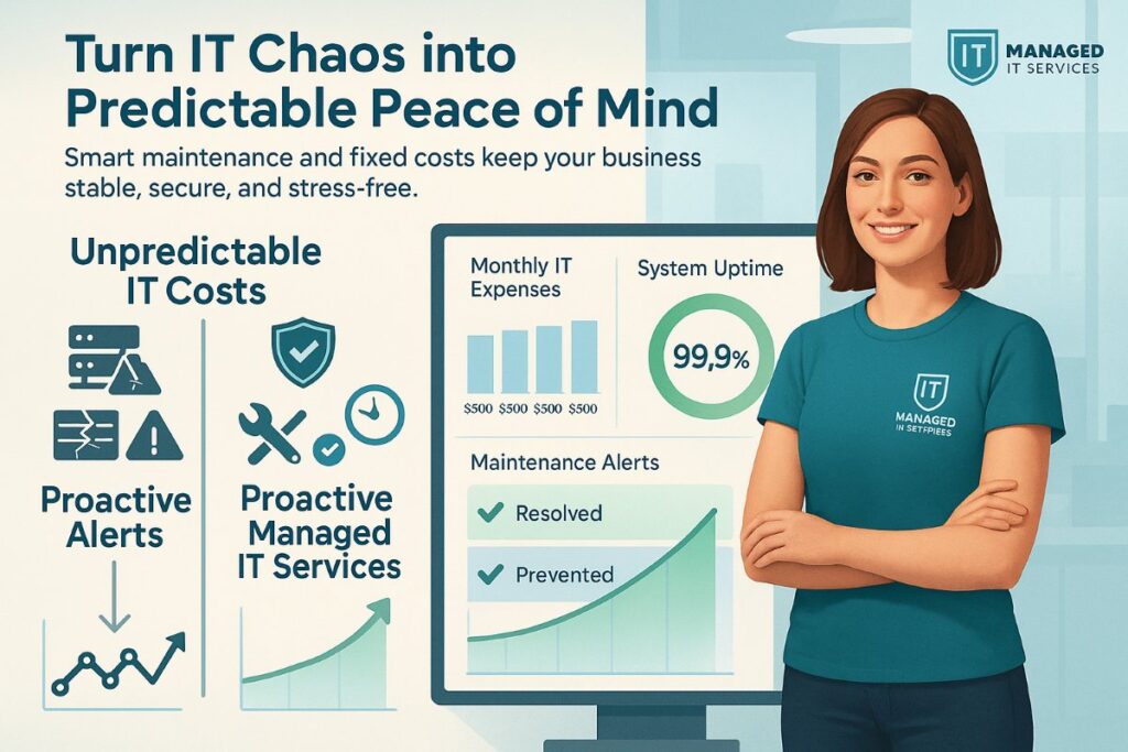Infographic showing predictable IT costs and proactive maintenance through managed IT services, with a female IT manager reviewing stable costs and system uptime.