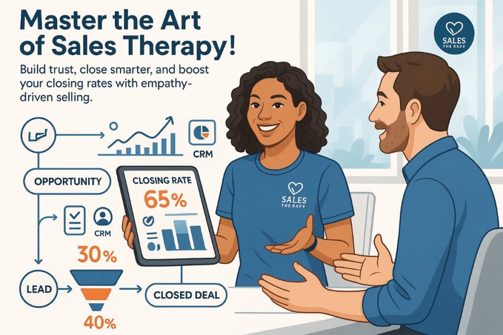 Infographic illustrating sales therapy techniques, closing rates, and CRM metrics with an active salesperson engaging with a client.