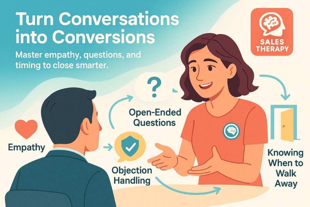 Infographic showing a sales professional using empathy, open-ended questions, objection handling, and decision-making techniques in sales therapy.