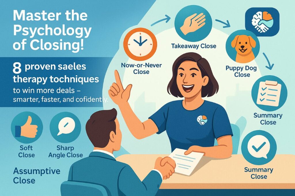 Infographic showing 8 sales therapy techniques to boost closing rates with workflow icons and active salesperson illustration.