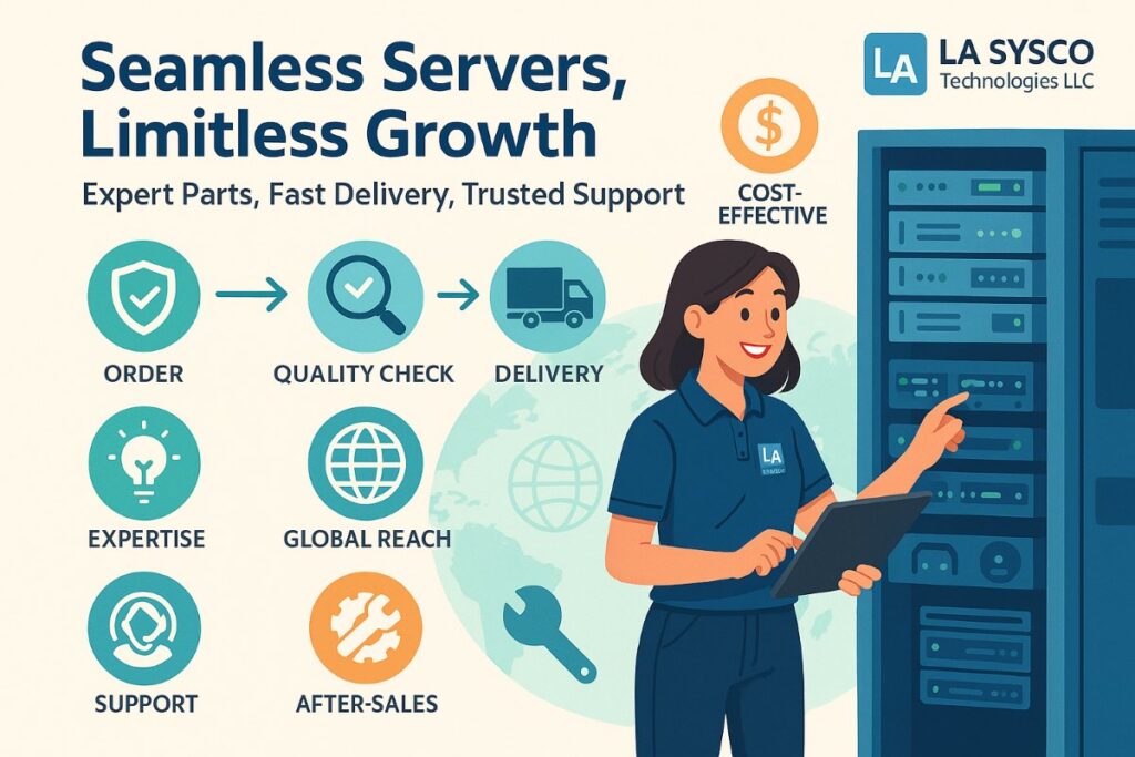 Infographic showing seamless server parts workflow with icons, professional handling servers, and LA Sysco Technologies LLC branding – highlighting reliability, cost-effectiveness, and global support.