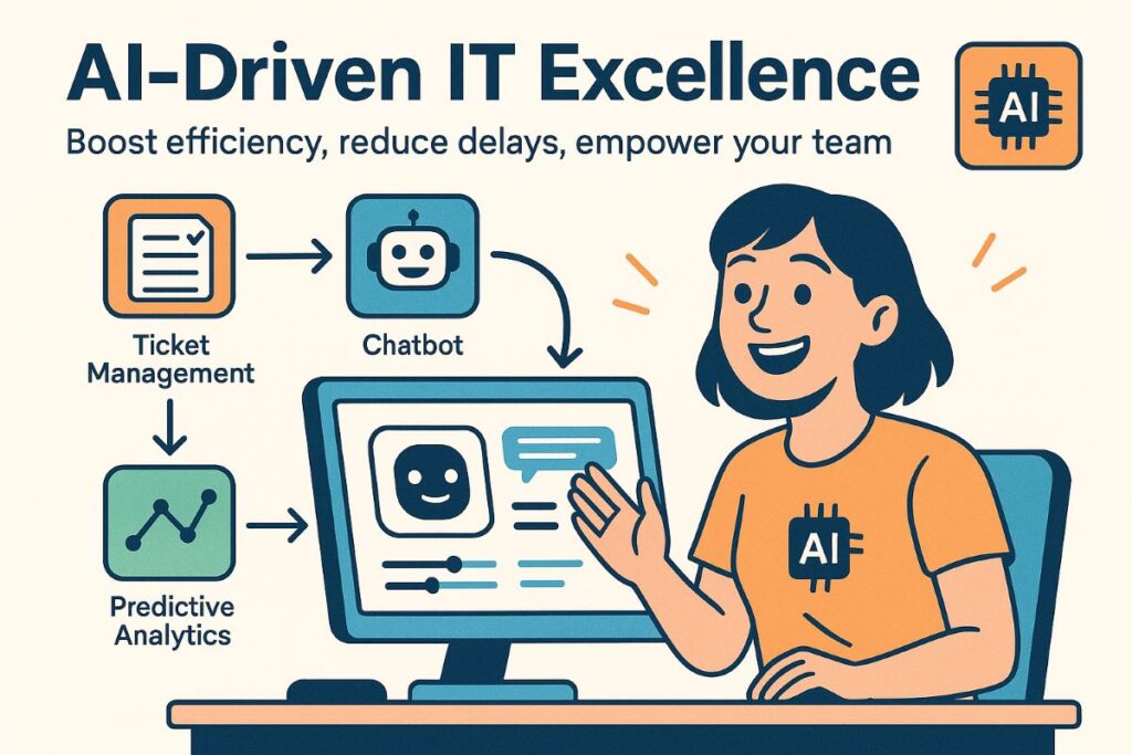 Infographic showing strategic implementation of AI in IT Support with chatbots, predictive analytics, automation, and team training
