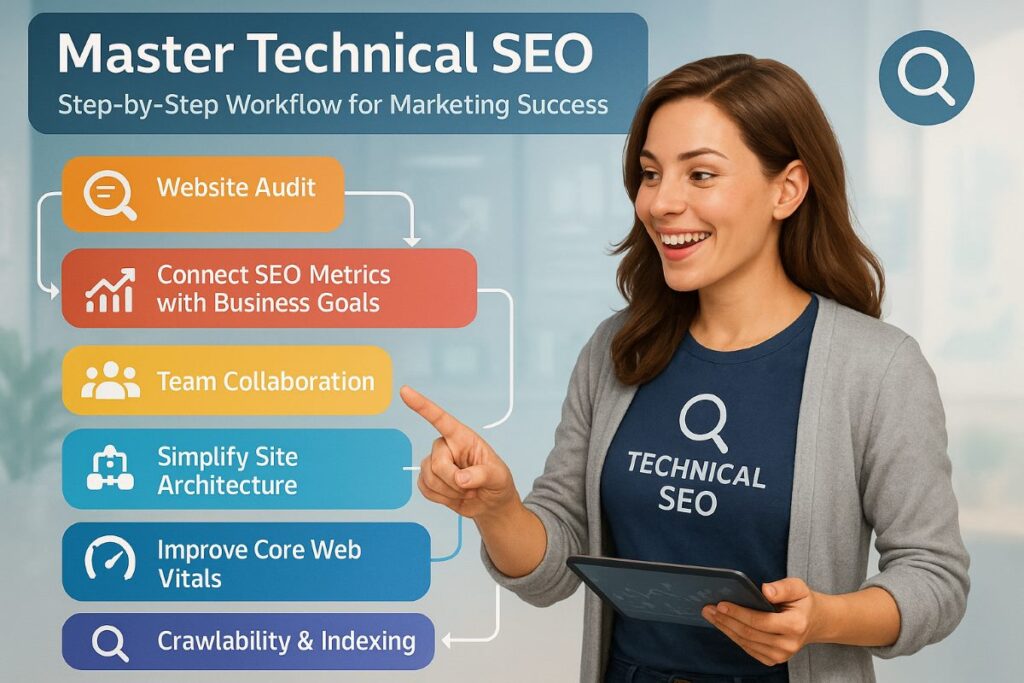 Infographic showing a dynamic workflow of Technical SEO integration into marketing strategy, with an active SEO specialist analyzing site audit, core web vitals, site structure, and analytics.
