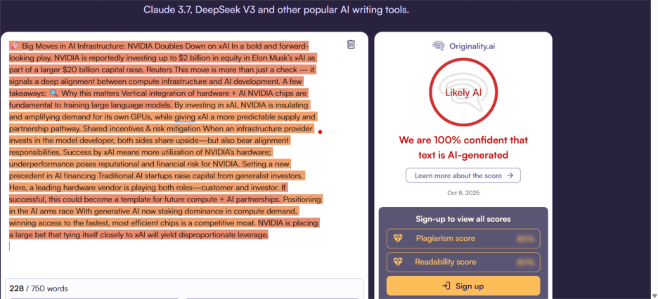 Our Test Results Showing 100% AI