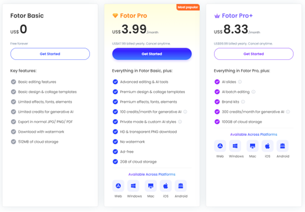 Fotor Pricing Structure