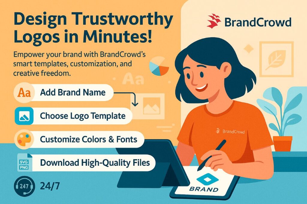 Infographic showing BrandCrowd AI logo generator workflow with a happy female designer customizing a logo using templates, colors, and fonts.