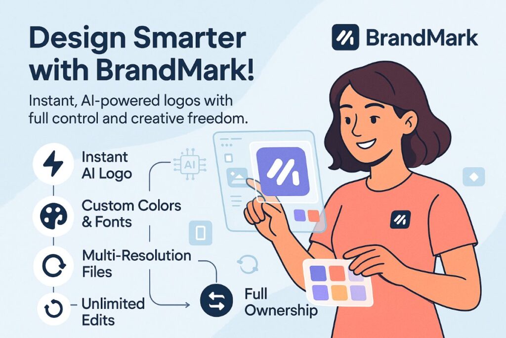 Infographic showing BrandMark AI logo generator with a happy entrepreneur creating instant professional logos using AI tools and workflow icons.