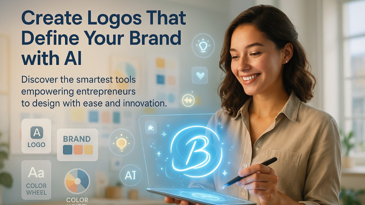 Entrepreneur using AI logo generator to design creative brand logos in a modern studio