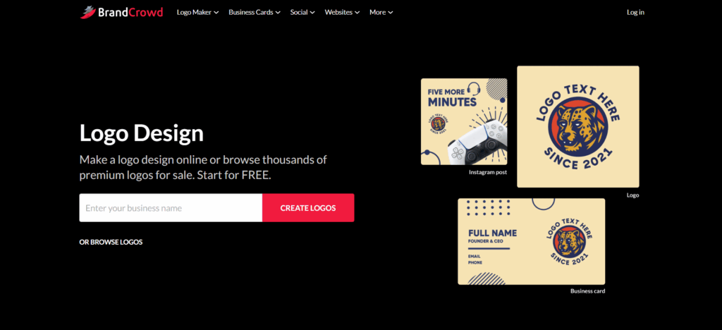 BrandCrowd logo design homepage showing logo templates, business card preview, and the logo creation search bar