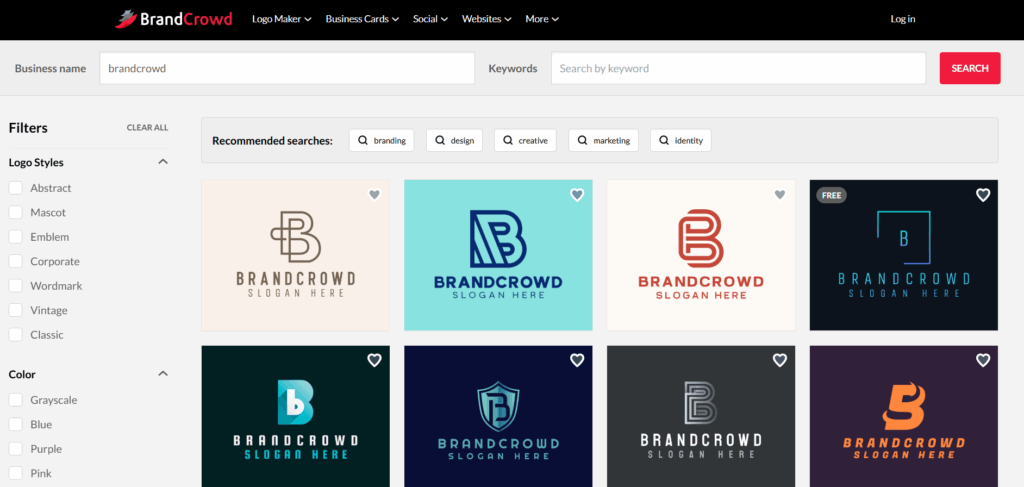 BrandCrowd logo templates page showing multiple logo styles, colors, and search filters